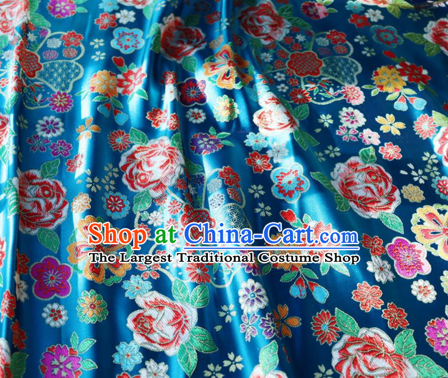 Japanese Traditional Rose Flowers Pattern Design Lake Blue Brocade Fabric Nishijin Silk Traditional Asian Yamato Kimono Tapestry Satin Material