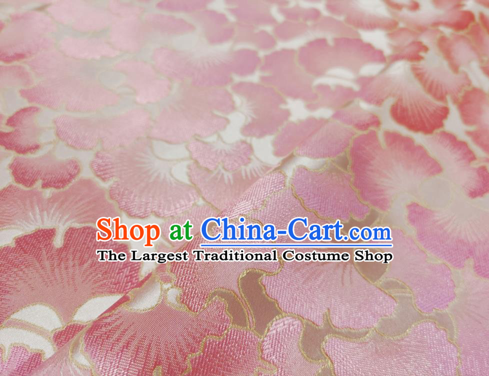 Asian Chinese Traditional Pink Ginkgo Leaf Pattern Design White Brocade Fabric Silk Tang Suit Tapestry Material