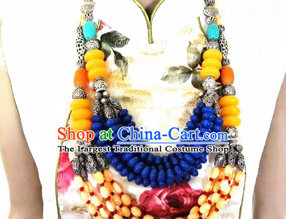 Chinese Traditional Zang Nationality Blue Beads Necklet Decoration Moggol Ethnic Handmade Folk Dance Necklace Jewelry Accessories for Women