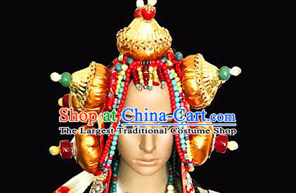 Chinese Traditional Tibetan Nationality Folk Dance Golden Hair Accessories Decoration Handmade Zang Ethnic Bride Wedding Headwear for Women