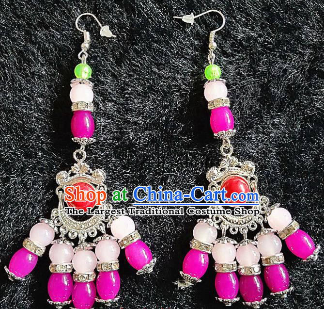 Chinese Traditional Zang Ethnic Rosy Beads Earrings Bohemian Ear Accessories Handmade Eardrop Decoration for Women