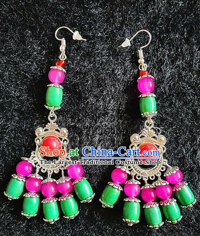 Chinese Traditional Zang Ethnic Green Beads Earrings Bohemian Ear Accessories Handmade Eardrop Decoration for Women