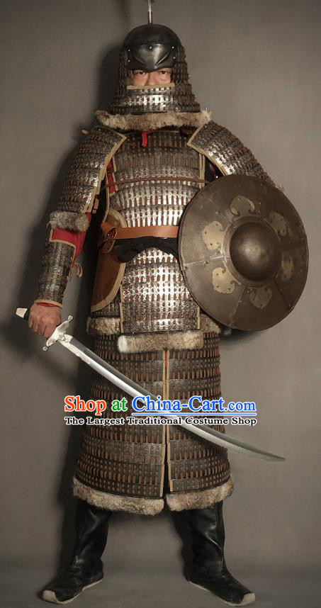 Traditional Chinese Song Dynasty Jin State Military Officer Body Armor Ancient Cavalry Warrior General Iron Costumes and Helmet Full Set