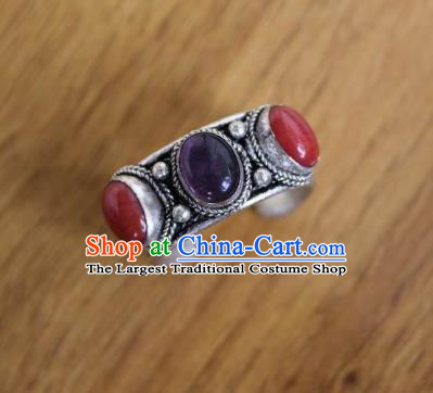 Chinese Traditional Tibetan Nationality Purple Crystal Ring Accessories Handmade Decoration Zang Ethnic Folk Dance Silver Finger Circlet for Women