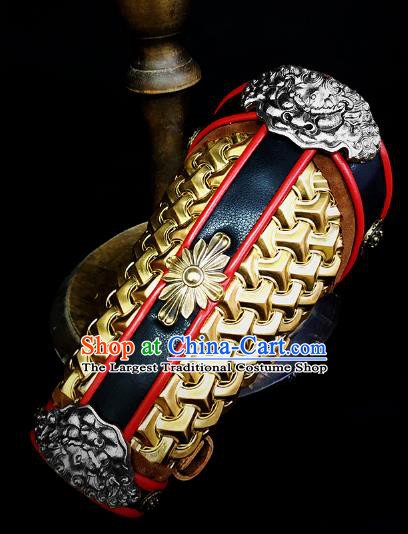 Traditional Chinese Song Dynasty Infantry Warrior Golden Magal Wrist Guard Wristband Armor Ancient Soldier Leather Wristlets Armband for Men