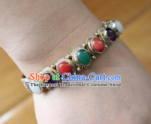 Chinese Traditional Tibetan Nationality Silver Bracelet Jewelry Accessories Decoration Handmade Zang Ethnic Colorful Gems Bangle for Women