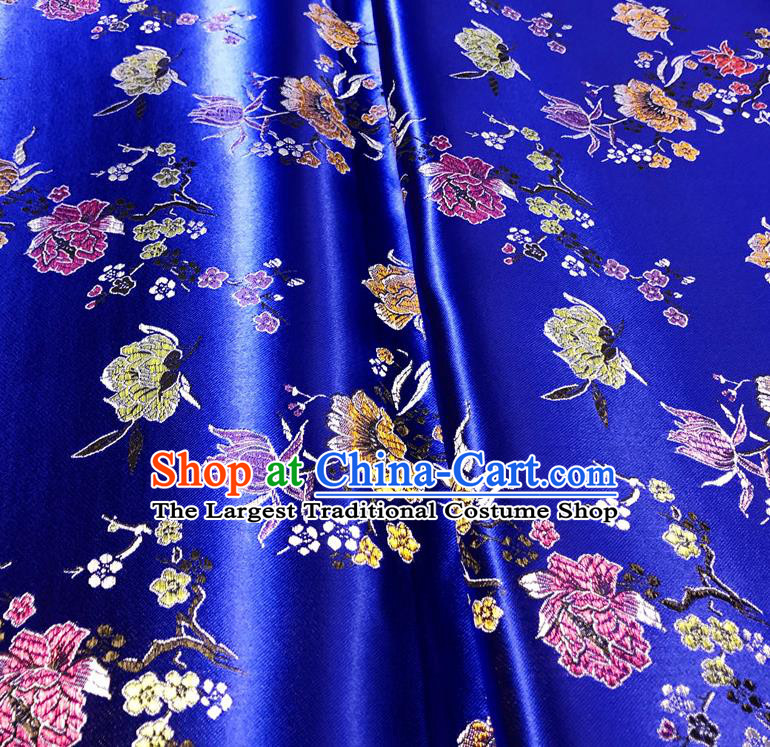 Asian Chinese Traditional Pomegranate Flowers Pattern Design Royalblue Brocade Silk Fabric Tang Suit Tapestry Satin Material
