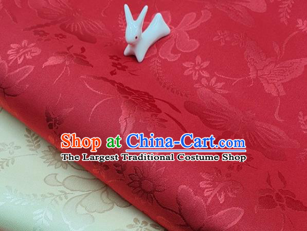 Chinese Hanfu Dress Traditional Butterfly Dragonfly Pattern Design Red Satin Fabric Silk Material Traditional Asian Cloth Tapestry