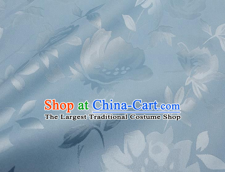 Chinese Traditional Camellia Pattern Design Light Blue Satin Fabric Silk Material Traditional Asian Hanfu Dress Cloth Tapestry