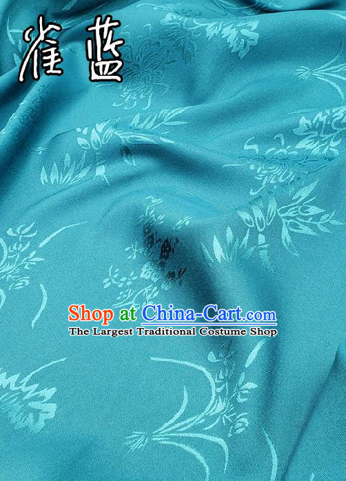 Chinese Traditional Plum Orchid Bamboo Chrysanthemum Pattern Design Teal Satin Fabric Traditional Asian Hanfu Dress Cloth Tapestry Jacquard Silk Material
