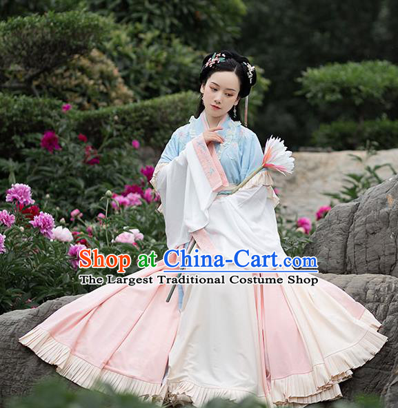 Chinese Ancient Young Lady Hanfu Garment Traditional Jin Dynasty Costumes Half Sleeved Top Blouse and Beige Skirt Full Set
