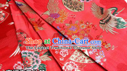 Top Quality Japanese Classical Fan Crane Pattern Red Tapestry Satin Material Asian Traditional Brocade Kimono Nishijin Cloth Fabric