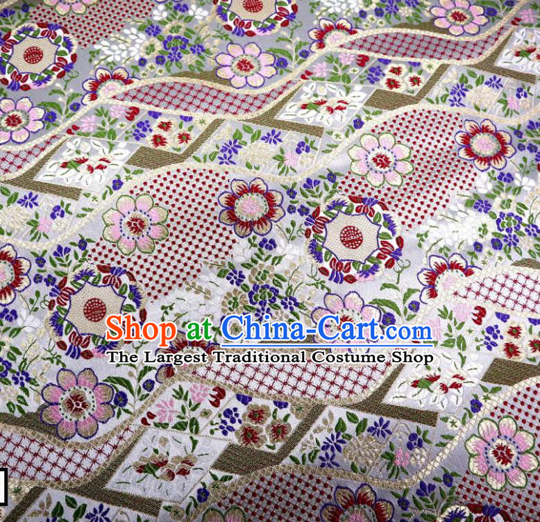 Japanese Traditional Argent Brocade Cloth Kimono Belt Classical Flowers Pattern Tapestry Satin Material Asian Top Quality Nishijin Fabric