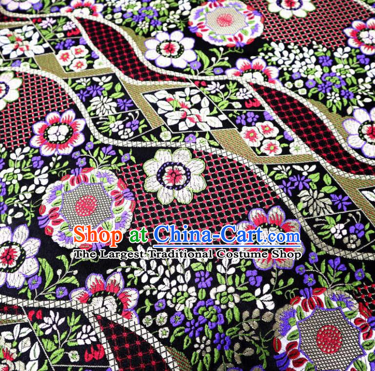 Japanese Traditional Black Brocade Cloth Kimono Belt Classical Flowers Pattern Tapestry Satin Material Asian Top Quality Nishijin Fabric