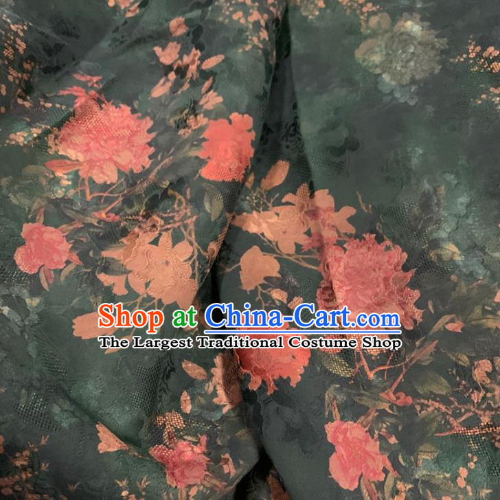 Chinese Traditional Royal Peony Pattern Dark Green Watered Gauze Asian Top Quality Silk Material Cloth Fabric