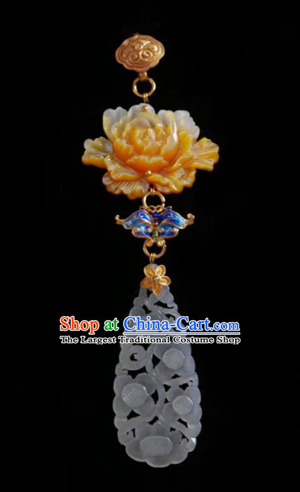 Chinese Classical Cheongsam Yellow Peony Brooch Traditional Hanfu Accessories Handmade Breastpin Jade Pendant for Women