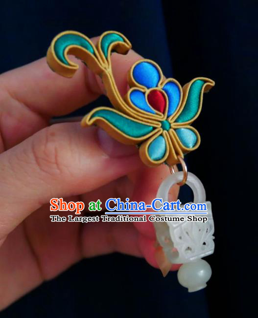 Chinese Classical Cheongsam Silk Butterfly Brooch Traditional Hanfu Accessories Handmade Breastpin White Jade Tassel Pendant for Women