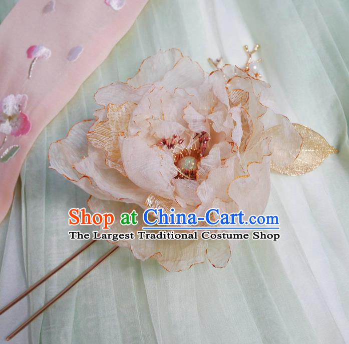 Handmade Chinese Beige Silk Peony Hairpins Traditional Hanfu Hair Accessories Ancient Tang Dynasty Court Hair Clip for Women