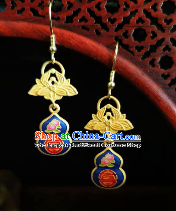 Chinese Handmade Qing Dynasty Blueing Cucurbit Earrings Traditional Hanfu Ear Jewelry Accessories Classical Court Silver Eardrop for Women