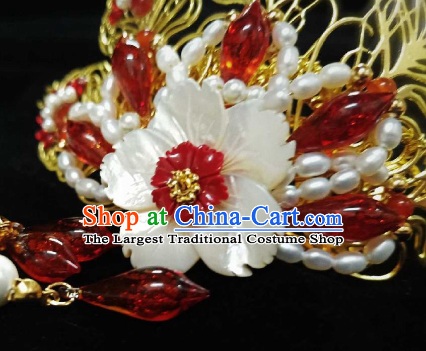 Handmade Chinese Pearls Hair Crown Hairpins Traditional Hanfu Hair Accessories Ancient Qing Dynasty Shell Flower Hair Clip for Women