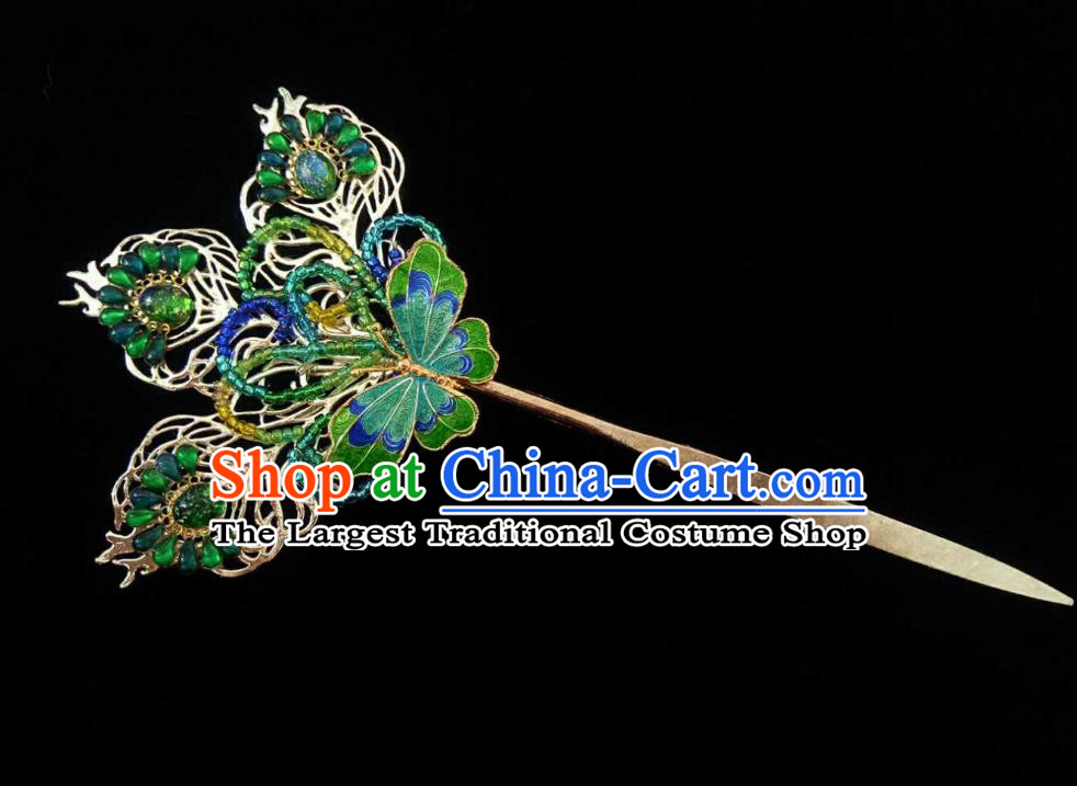 Handmade Chinese Green Beads Butterfly Hairpins Traditional Hanfu Hair Accessories Ancient Qing Dynasty Hair Clip for Women