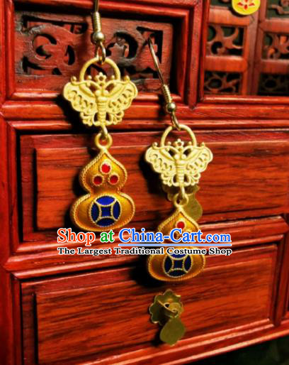 Chinese Handmade Qing Dynasty Golden Cucurbit Earrings Traditional Hanfu Ear Jewelry Accessories Classical Court Eardrop for Women