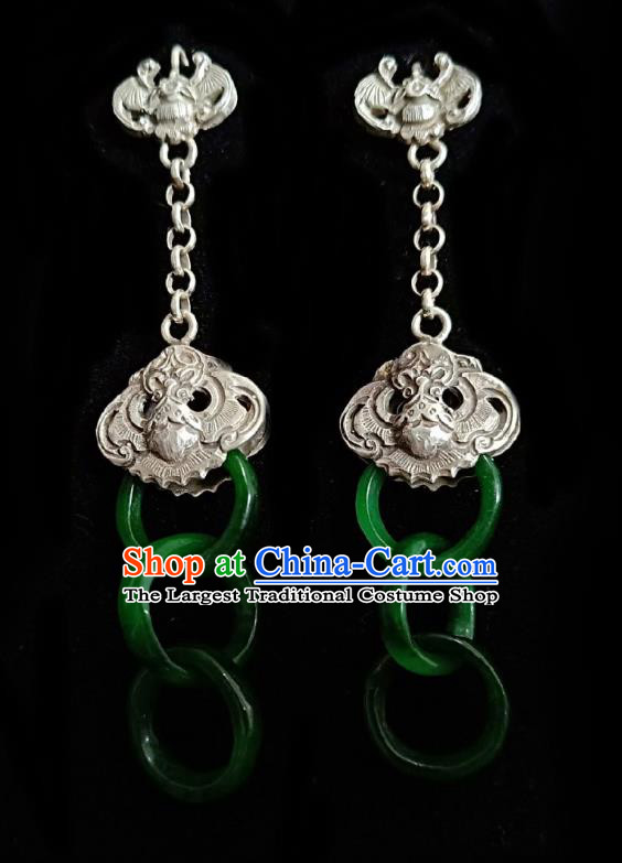 Chinese Handmade Court Silver Bat Earrings Traditional Hanfu Ear Jewelry Accessories Classical Green Jade Rings Eardrop for Women
