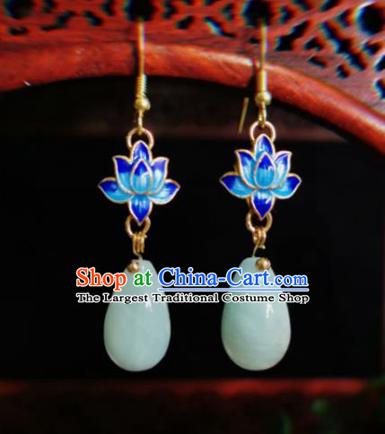 Chinese Handmade Qing Dynasty Jade Earrings Traditional Hanfu Ear Jewelry Accessories Classical Blueing Lotus Eardrop for Women