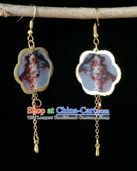 Chinese Handmade Printing Plum Blossom Silk Earrings Traditional Hanfu Ear Jewelry Accessories Classical Qipao Eardrop for Women