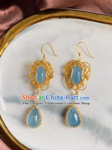 Princess Handmade Aquamarine Earrings Classical Golden Eardrop Fashion Jewelry Accessories for Women