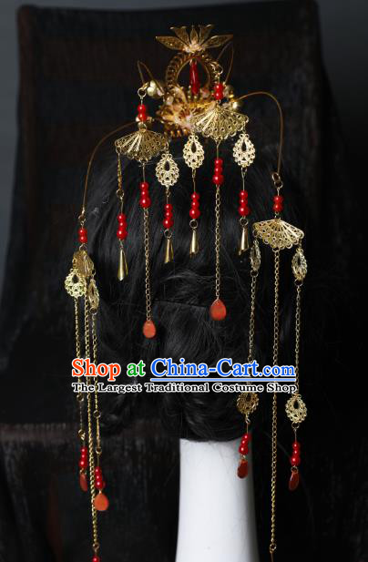 Chinese Traditional Ancient Princess Golden Tassel Hair Crown Hanfu Hair Accessories Wedding Headwear for Women
