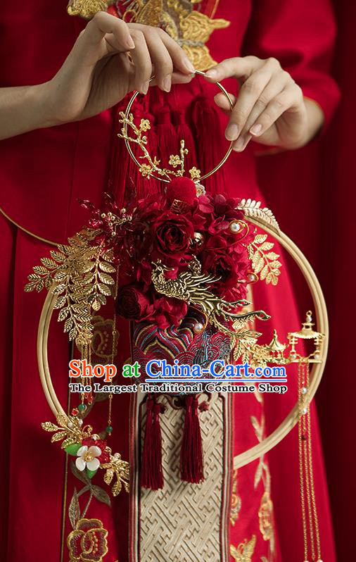 Handmade Chinese Wedding Prop Red Flowers Fan Top Grade Bride Accessories Photography Portable Palace Fan for Women
