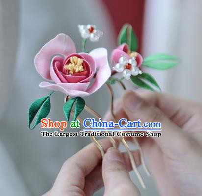 Handmade Chinese Classical Hair Comb Traditional Hair Accessories Ancient Hanfu Court Pink Silk Rose Hairpins for Women