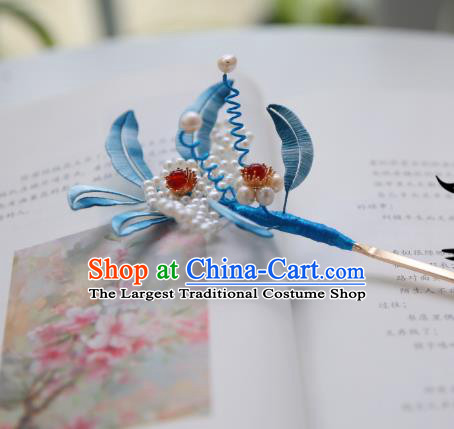Handmade Chinese Classical Blue Silk Leaf Hairpins Traditional Hair Accessories Ancient Qing Dynasty Court Pearls Hair Clip for Women