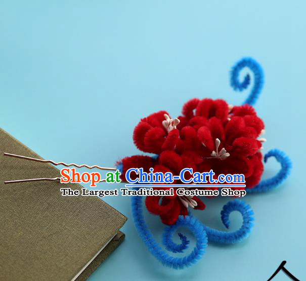 Handmade Chinese Qing Dynasty Hairpins Traditional Classical Hair Accessories Ancient Red Velvet Chrysanthemum Hair Clip for Women