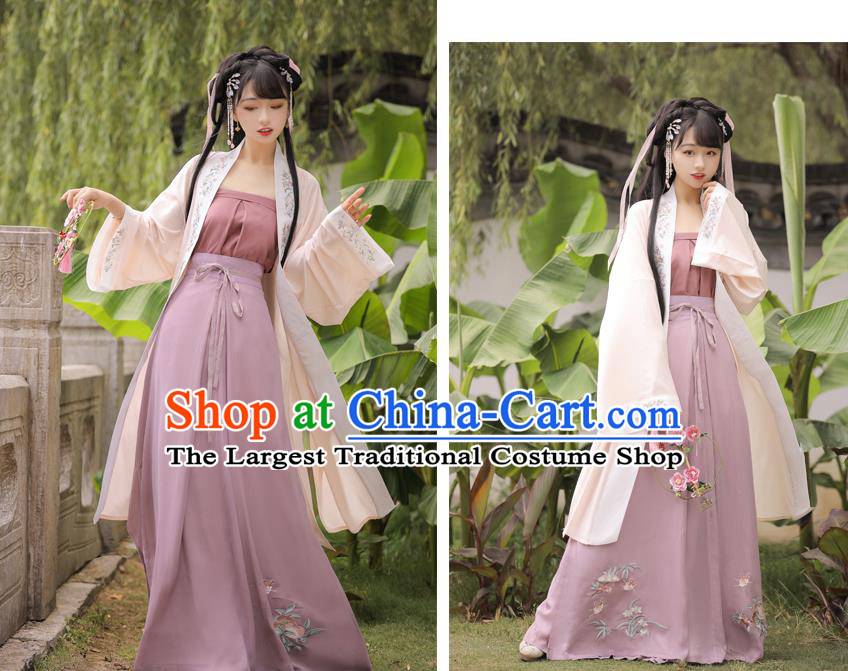 Chinese Song Dynasty Country Woman BeiZi Strapless and Skirt Traditional Hanfu Garment Ancient Village Girl Historical Costumes Full Set
