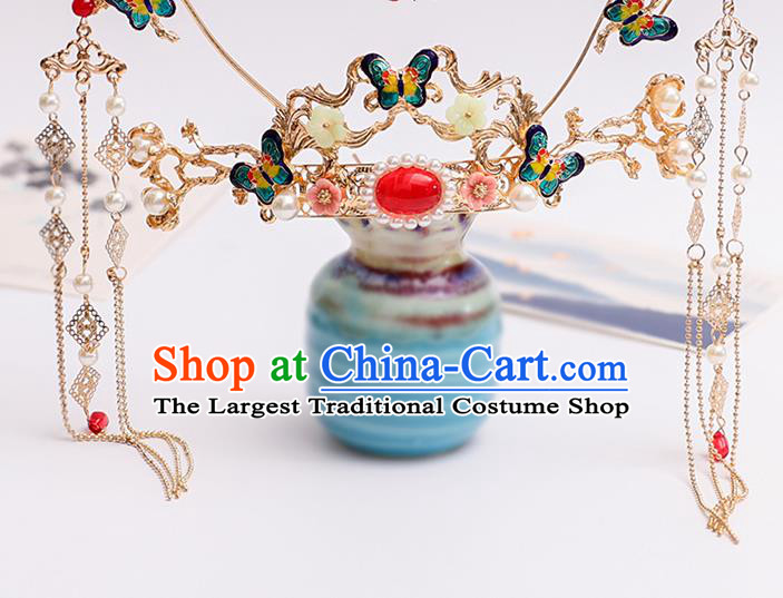 Chinese Classical Wedding Cloisonne Butterfly Hair Crown Traditional Bride Hair Accessories Handmade Hanfu Tassel Hairpins Complete Set