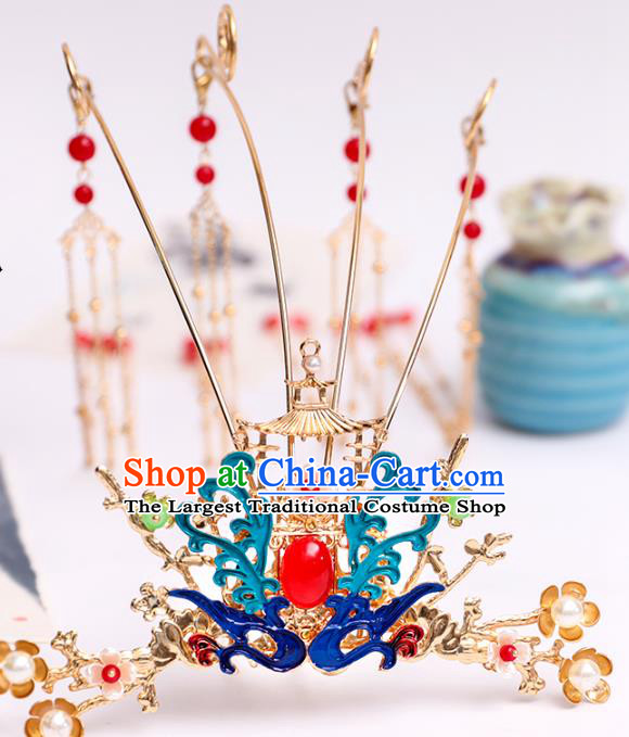 Chinese Classical Wedding Cloisonne Phoenix Tassel Hair Crown Traditional Bride Hair Accessories Handmade Hanfu Phoenix Coronet Full Set