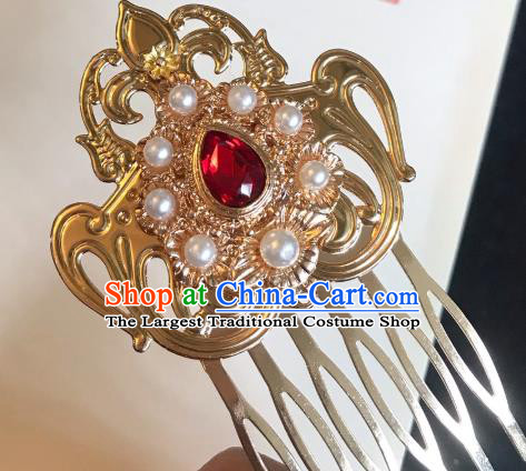 Handmade Chinese Tang Dynasty Golden Hair Comb Traditional Hair Accessories Ancient Court Red Crystal Hairpins for Women