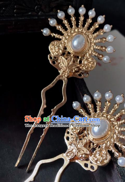Handmade Chinese Ming Dynasty Noble Lady Hair Clip Traditional Hair Accessories Ancient Princess Golden Hairpins for Women
