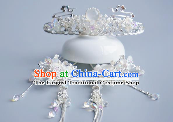 Chinese Classical Wedding Albite Hair Comb Traditional Bride Hair Accessories Handmade Hanfu Argent Tassel Hairpins Complete Set