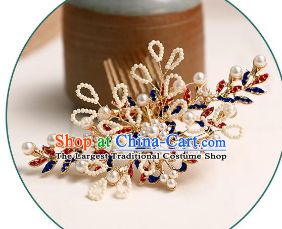 Chinese Classical Wedding Leaf Hair Comb Traditional Bride Hair Accessories Handmade Hanfu White Beads Hair Crown