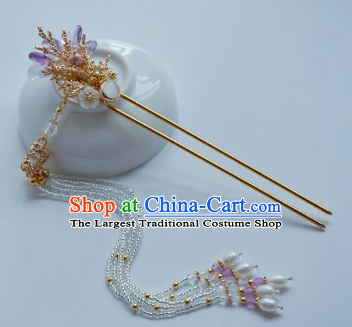 Handmade Chinese Beads Tassel Hair Clip Traditional Hair Accessories Ancient Hanfu Amethyst Flower Hairpins for Women