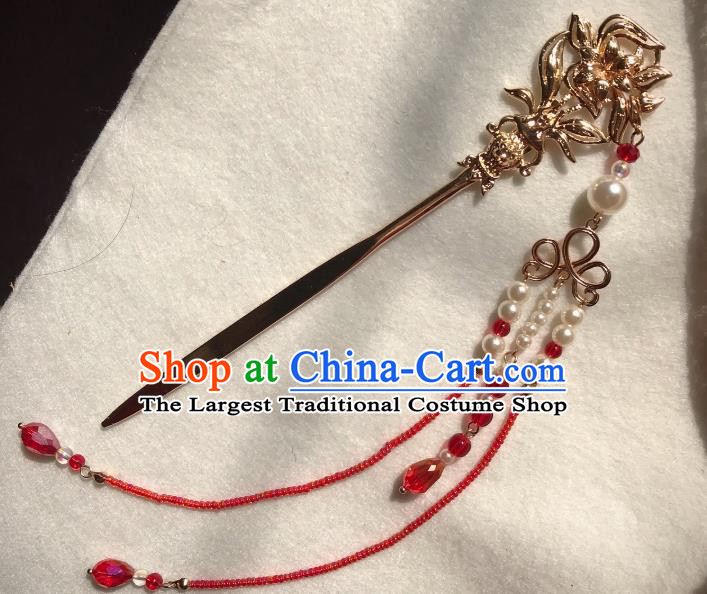 Handmade Chinese Tang Dynasty Golden Orchid Hair Clip Traditional Hair Accessories Ancient Empress Red Beads Tassel Hairpins for Women