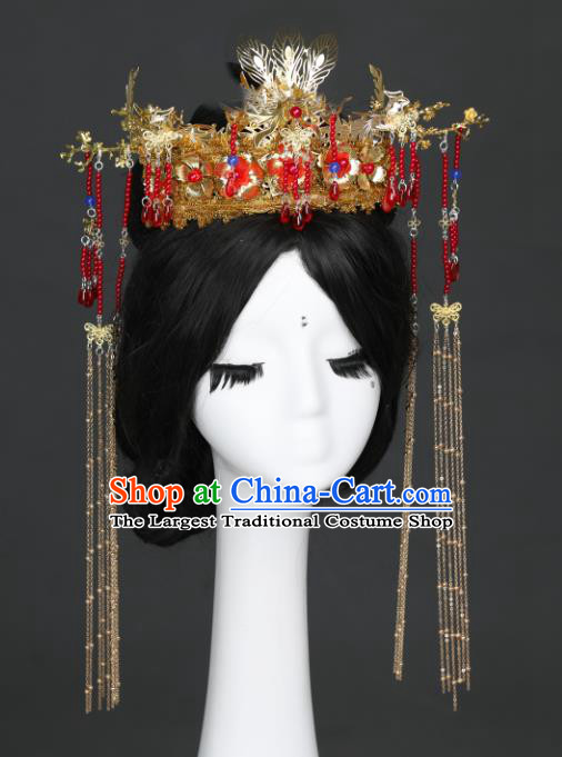Chinese Traditional Ancient Princess Red Beads Tassel Hair Crown Handmade Bride Hair Accessories Hanfu Wedding Headwear for Women