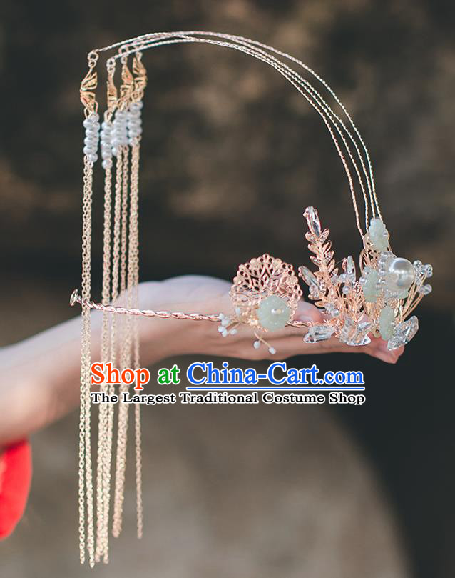 Chinese Classical Green Flowers Hair Crown Handmade Traditional Court Hair Accessories Golden Tassel Phoenix Coronet