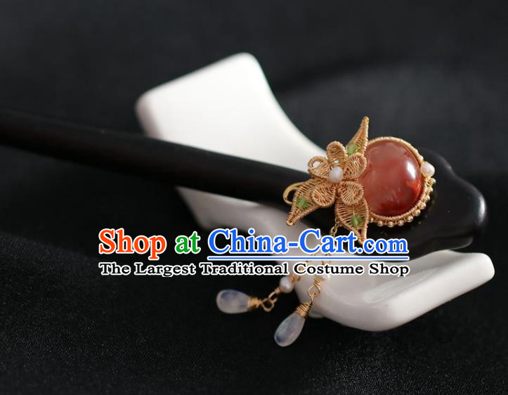 Handmade Chinese Cheongsam Red Stone Hair Clip Traditional Hanfu Hair Accessories Silk Flower Ebony Hairpins for Women