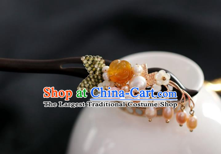 Handmade Chinese Cheongsam Yellow Rose Hair Clip Traditional Hanfu Hair Accessories Pearls Tassel Ebony Hairpins for Women