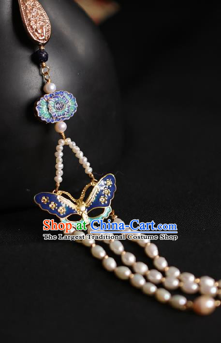 Chinese Classical Pearls Tassel Brooch Traditional Hanfu Accessories Handmade Cheongsam Blueing Butterfly Breastpin Pendant for Women