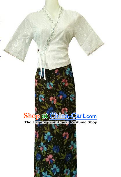 Chinese Dai Nationality Costumes Traditional Dai Ethnic Work White Middle Sleeve Blouse and Printing Flowers Black Skirt for Women
